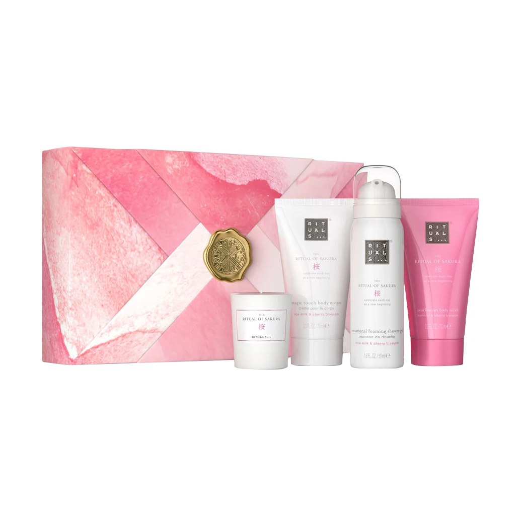 Подарунковий набір жіночий The Ritual of Sakura Gift Set S (гель-піна для душу, 50 мл + скраб для тіла, 70 мл + крем для тіла, 70 мл + ароматична свічка, 25 г)